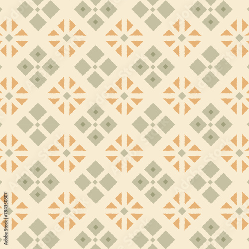 Ethnic endless tile pattern of geometric flowers in muted light ginger and sage color. Repeat rhombus mosaic in mediterranean style.