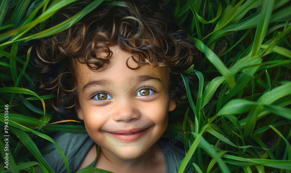 A young child's smiling in green grass A young child's smiling in green grass