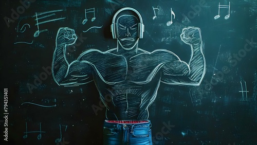 A Comical Depiction of a Geeky Guy Showing Off Muscles on a Blackboard. Concept Comical Portraits, Geeky Character, Muscles, Blackboard Humor, Creative Concept photo