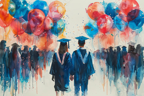 Graduate couple holding hands with balloons and crowd  symbolic of educational journey. Graduation time in educational institutions.