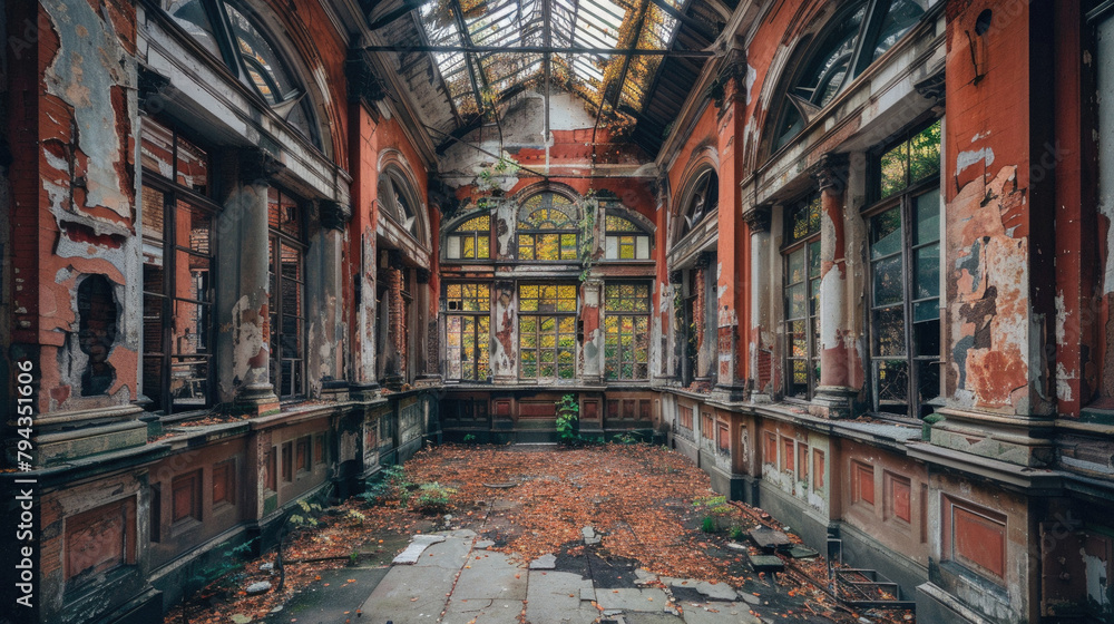 Fototapeta premium The inside of a building is empty and has a lot of damage