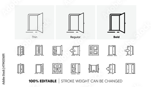 Open door, Building entry, Emergency exit. Entrance line icons. Closed doorway, Doorframe, House entrance outline icons. Door knob, home entry, building access. Interior gate, double door. Vector