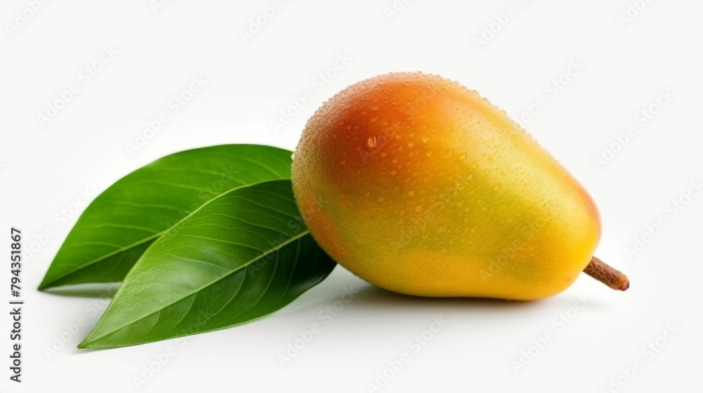 Mango fruit with water drops on a white background, close up