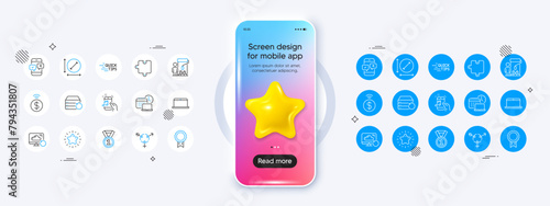Reward, Laptop and Education line icons. Phone mockup with 3d star icon. Pack of Puzzle, Contactless payment, Circle area icon. Painter, Music phone, Best rank pictogram. Vector