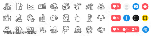 Stars, Checked calculation and Dog competition line icons pack. Social media icons. Vip award, Smile, Innovation web icon. Food, Bumper cars, Hand click pictogram. Vector