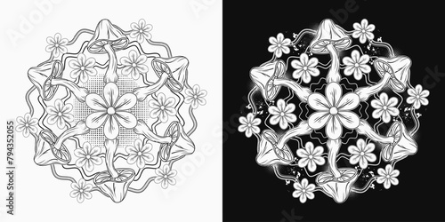 Circular pattern with mushrooms, chamomiles, wavy lines, halftone. Black and white illustration for fantasy, groovy, hippie, mystical, surreal design
