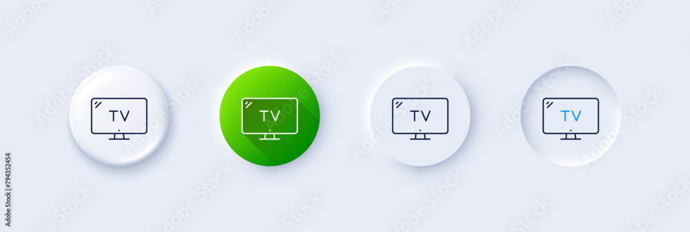 TV line icon. Neumorphic, Green gradient, 3d pin buttons. Television sign. Hotel service symbol. Line icons. Neumorphic buttons with outline signs. Vector