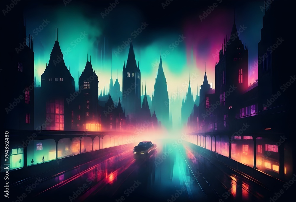 Obraz premium A futuristic city skyline at night with colorful neon lights, tall skyscrapers, and a car driving on a road in the foreground