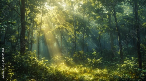 Enchanting forest sunbeams at dawn