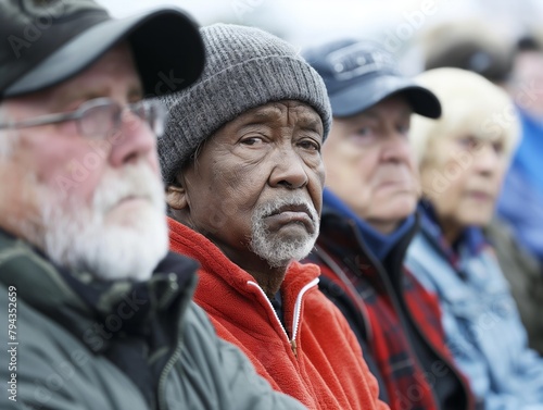 A group of older men are sitting together, one of them wearing a hat and a red jacket. The man in the red jacket appears to be the center of attention, as he is the only one wearing a hat