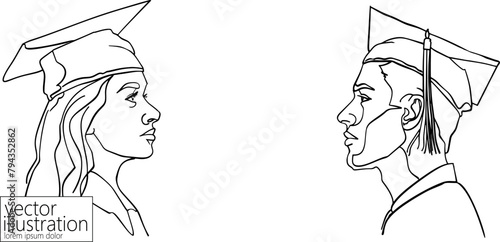 Single continuous line art graduation man and woman. Celebration ceremony master degree academy graduate design one sketch outline drawing vector illustration art