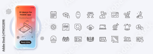 Atm money, Recovery data and Smartwatch line icons for web app. Phone mockup gradient screen. Pack of Love book, Calendar, Innovation pictogram icons. Vector