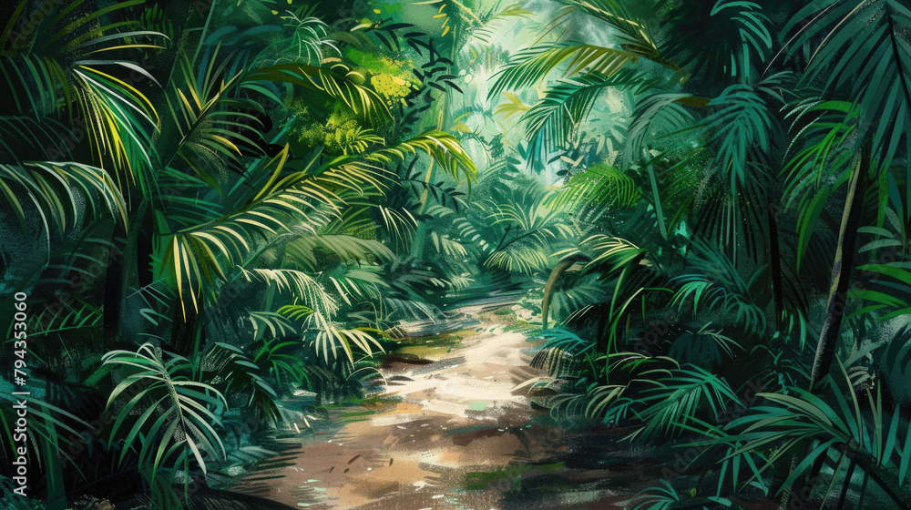 A lush green jungle with a path through it A lush green jungle with a path through it