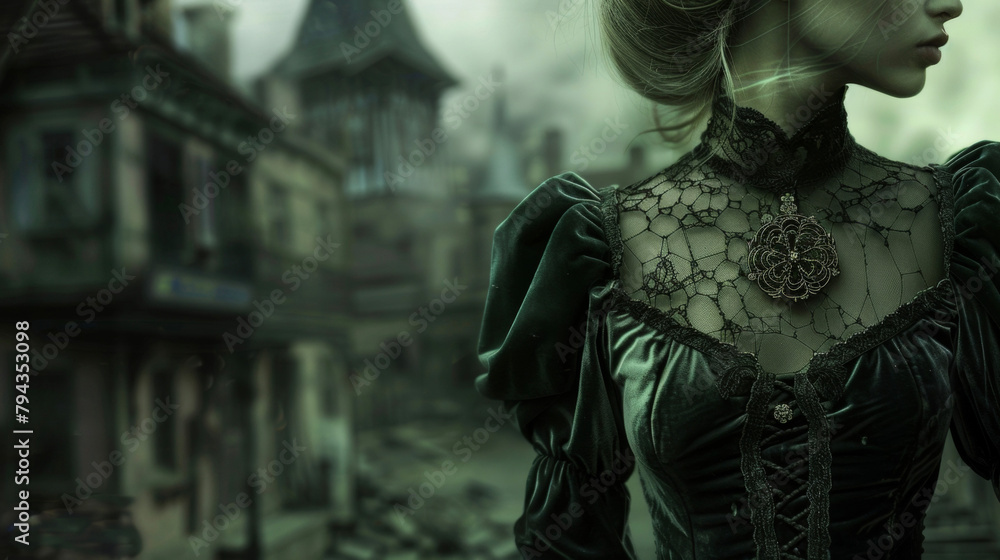 A ghostly figure dd in a highnecked blouse and velvet skirt moves gracefully through the abandoned town. Her antique brooch an intricate spider design captures the light .