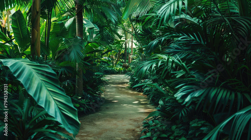 A path through a jungle with trees and plants