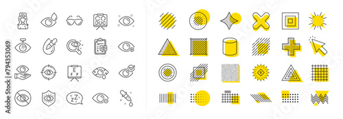 Medical laser surgery, glasses and eyedropper. Design shape elements. Optometry, Eye doctor line icons. Pink eye, Cataract surgery and allergy icons. Vector