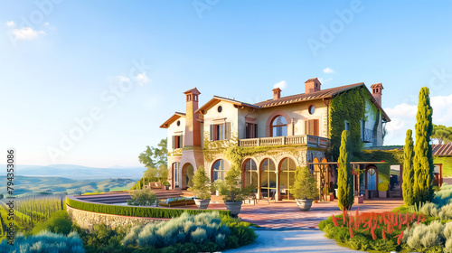 Wallpaper Mural Luxurious residence with terraces overlooking the vineyards and hills in a sunny Tuscan countryside.  Torontodigital.ca