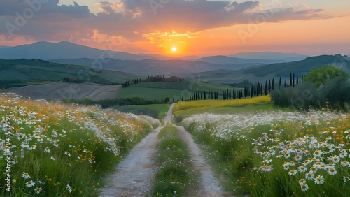 Beautiful Tuscan sunset with flowerfilled fields country road cypress trees in Asciano. Concept Nature, Sunset, Tuscan Landscape, Flowers, Countryside photo