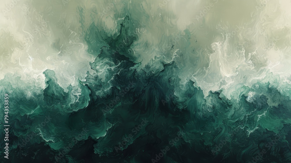 A painting of a green and white wave with black and white swirls at the bottom The bottom of the painting displays black and white swirls A painting of a green and white wave with black and white swirls at the bottom The bottom of the painting displays black and white swirls