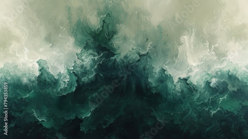  A painting of a green and white wave with black and white swirls at the bottom The bottom of the painting displays black and white swirls