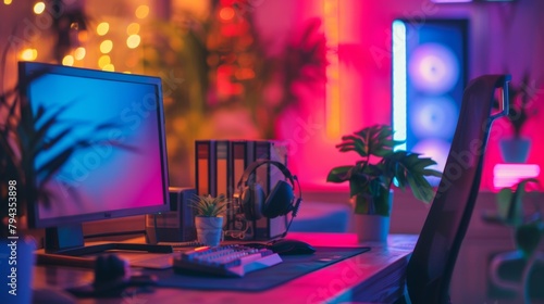 Defocused Neon Lights The soft blur of neon lights in the background adds a touch of vibrancy and energy to the otherwise minimalistic and sleek workstation creating a contrast between .