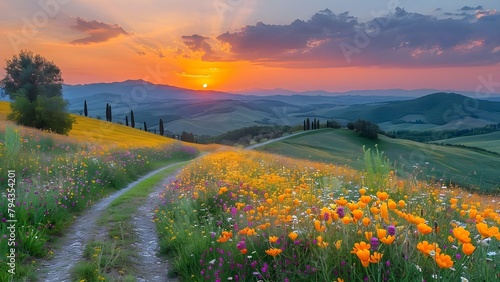 Capturing the Beauty of a Tuscan Sunset: Flower-Filled Fields, Country Roads, and Cypress Trees in Asciano. Concept Tuscan Sunset, Flower-Filled Fields, Country Roads, Cypress Trees, Asciano photo