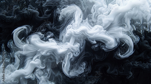  Black background with white and black smoke swirling, a tendril of it rising from the top