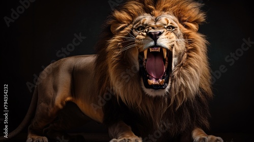 Powerful lion roaring, showcasing its mane and teeth against a dark background.