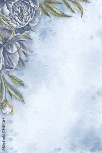Blue Peony flowers watercolor paper texture background. Indigo and Sage green hand drawn Peonies floral illustration with flower and bud for greeting card and wedding invitation vertical template.