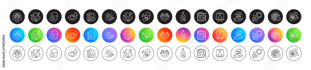 Alcohol free, Skin care and Shield line icons. Round icon gradient buttons. Pack of Vision board, Eye drops, Vitamin k icon. Difficult stress, Face attention, Insurance hand pictogram. Vector Alcohol free, Skin care and Shield line icons. Round icon gradient buttons. Pack of Vision board, Eye drops, Vitamin k icon. Difficult stress, Face attention, Insurance hand pictogram. Vector