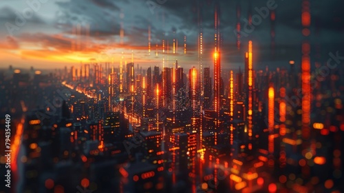 Abstract glowing big data forex candlestick chart on blurry city backdrop