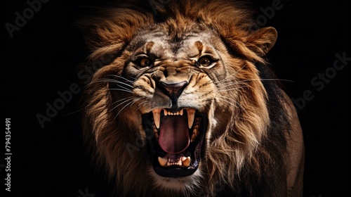 Close-up of a roaring lion against a dark background  highlighting detailed fur and fierce expression.