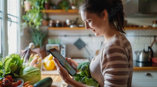 Woman Holding Tablet in Kitchen
