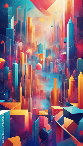 Abstract Cityscape with Geometric Forms and Saturated Colors