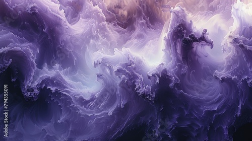   A painting of purple and white swirls against a black-and-white background, below which is a brown and white stripe photo