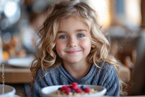 Smiling adorable child having breakfast eating oatmeal porridge with berries photo