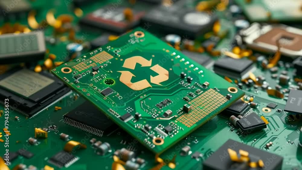 Illustration of an electronic microchip with a recycling symbol, symbolizing sustainability and eco-friendliness in the electronics sector for a greener future. Illustration of an electronic microchip with a recycling symbol, symbolizing sustainability and eco-friendliness in the electronics sector for a greener future.