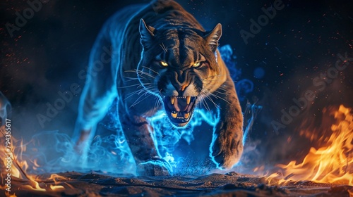 A fierce black panther snarling as it walks through flames and blue smoke. photo