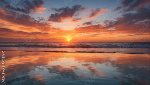 Nostalgic Ocean Sunset with its Warm Hues Mirrored in the Calm Waters Below.
