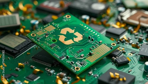 Illustration of an electronic microchip with a recycling symbol, symbolizing sustainability and eco-friendliness in the electronics sector for a greener future. photo