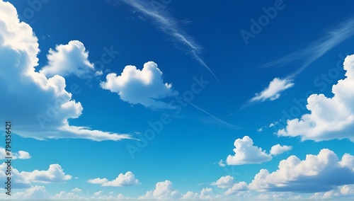 White sparse clouds over blue sky. Anime style background with shining sun and white fluffy clouds. Sunny day sky scene cartoon vector illustration photo