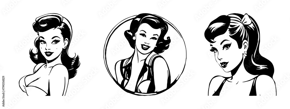 Black and white illustration. Fictional female character in the Pin Up style. Generated by Ai Black and white illustration. Fictional female character in the Pin Up style. Generated by Ai