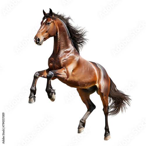 Beautiful brown horse rearing up on white background.