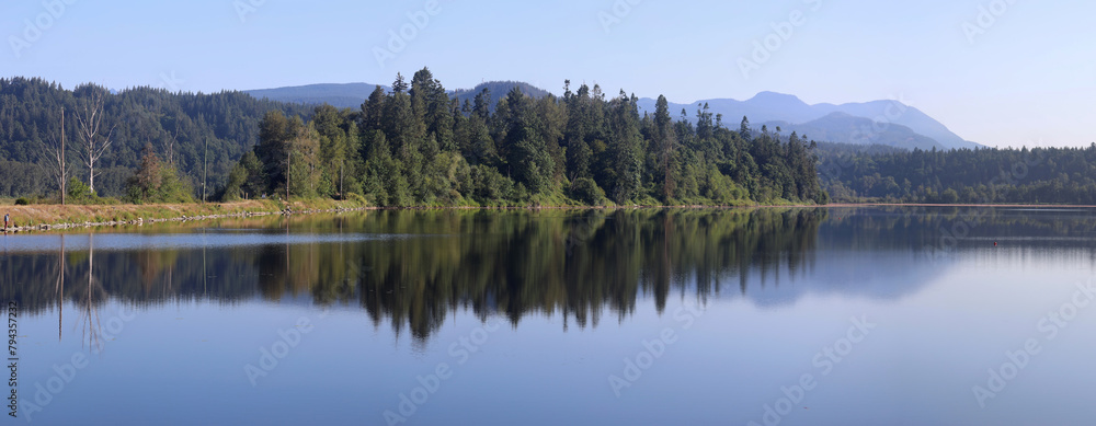 Panorama with trees reflected in tranquil lake