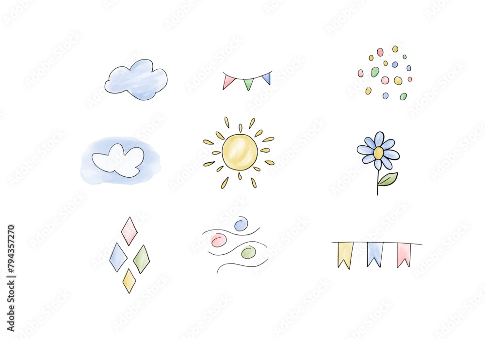 Obraz premium Set of watercolor doodle elements. Vector illustration.