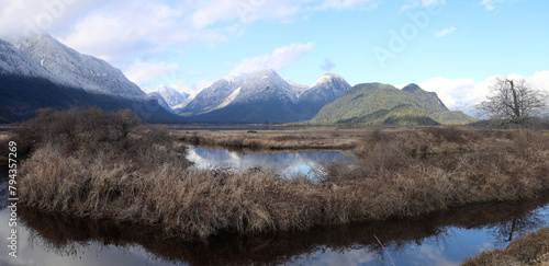 Calm waters and snow-capped mountains of winter scenery