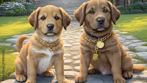 Evolution of a gold retriver dog's age - the age of a three-month-old cute gold retriver puppy gradually reaches the age of a five-year-old gold retriver dog.Flipbook style animation video. High photo