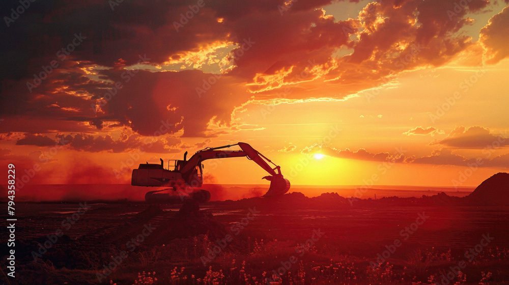 A large construction machine is digging in the dirt at sunset A large construction machine is digging in the dirt at sunset