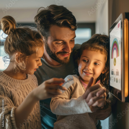 Family looking at smart thermostat, adjusting, lowering heating temperature at home. Concept of sustainable, efficient, and smart technology in home heating and thermostats
