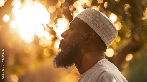 Close-up of a modern Muslim's profile during prayer, with sunlight filtering through tree branches, creating a tranquil ambiance that underscores the depth of his spiritual contemp